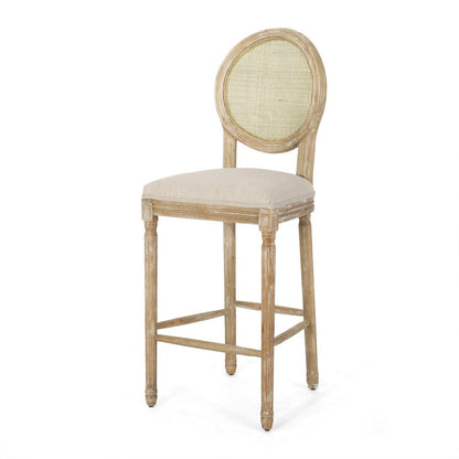 Benjara Barstool Chair Set of 2, Beige Cushion And Natural Brown Rattan Back