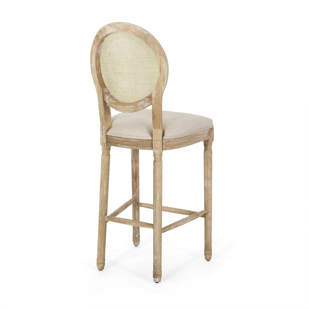 Benjara Barstool Chair Set of 2, Beige Cushion And Natural Brown Rattan Back