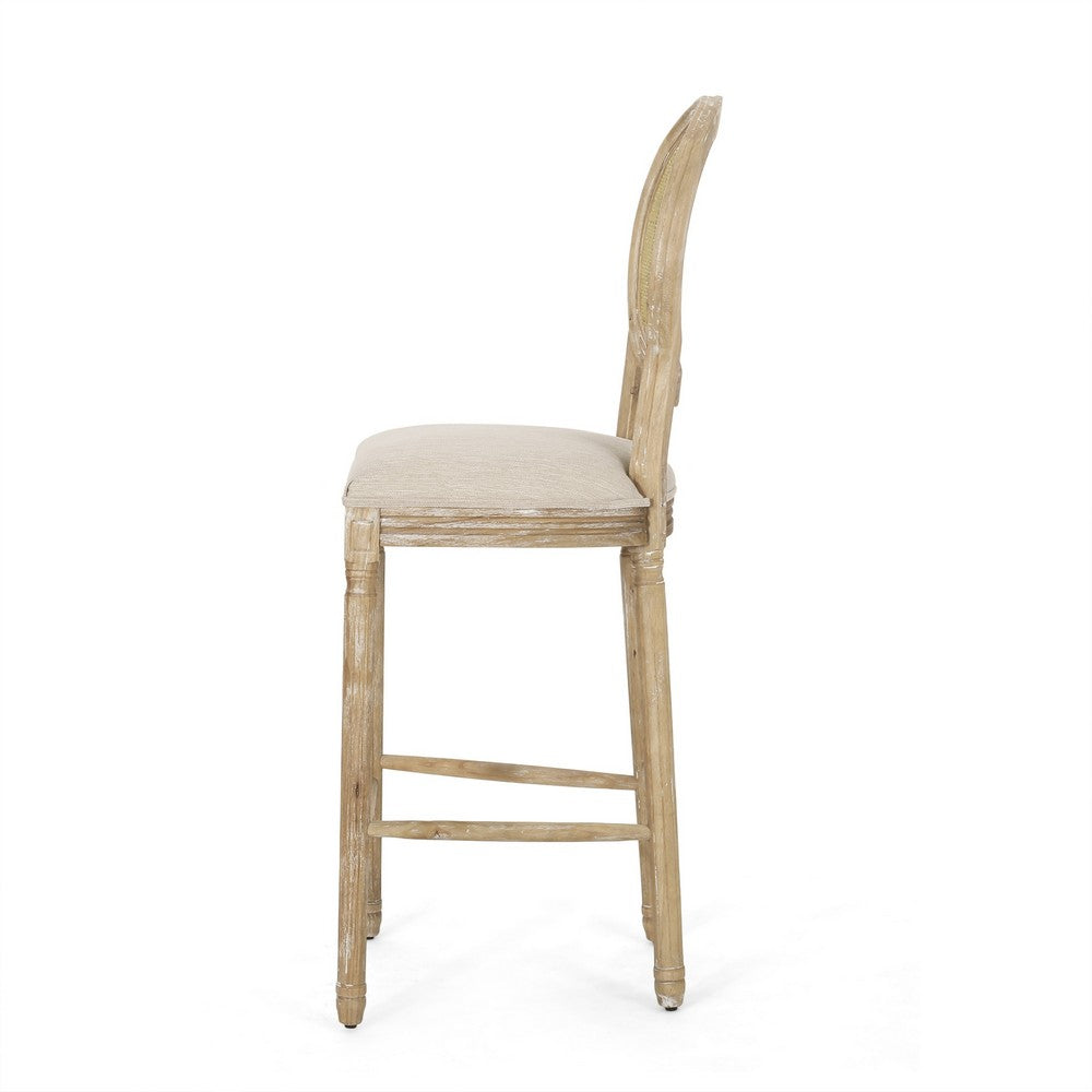 Benjara Barstool Chair Set of 2, Beige Cushion And Natural Brown Rattan Back