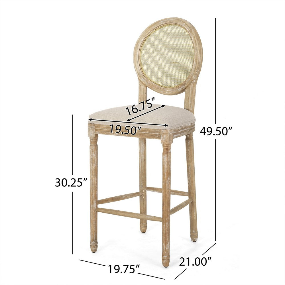 Benjara Barstool Chair Set of 2, Beige Cushion And Natural Brown Rattan Back