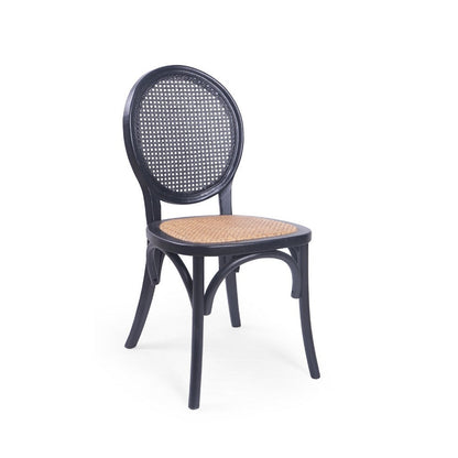 Benjara Dining Chair Set of 2, Matte Black Rattan Woven Back And Brown Seat