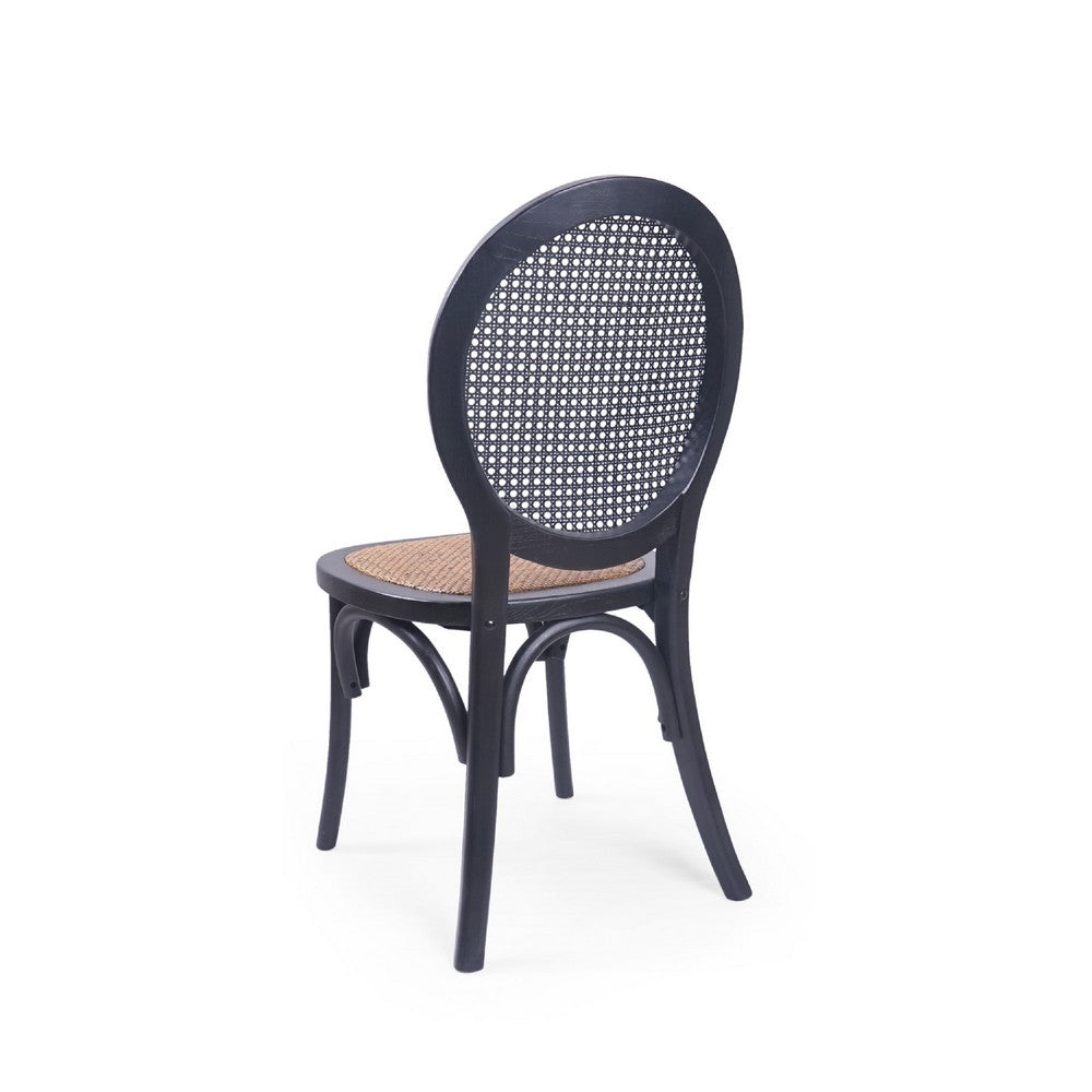 Benjara Dining Chair Set of 2, Matte Black Rattan Woven Back And Brown Seat