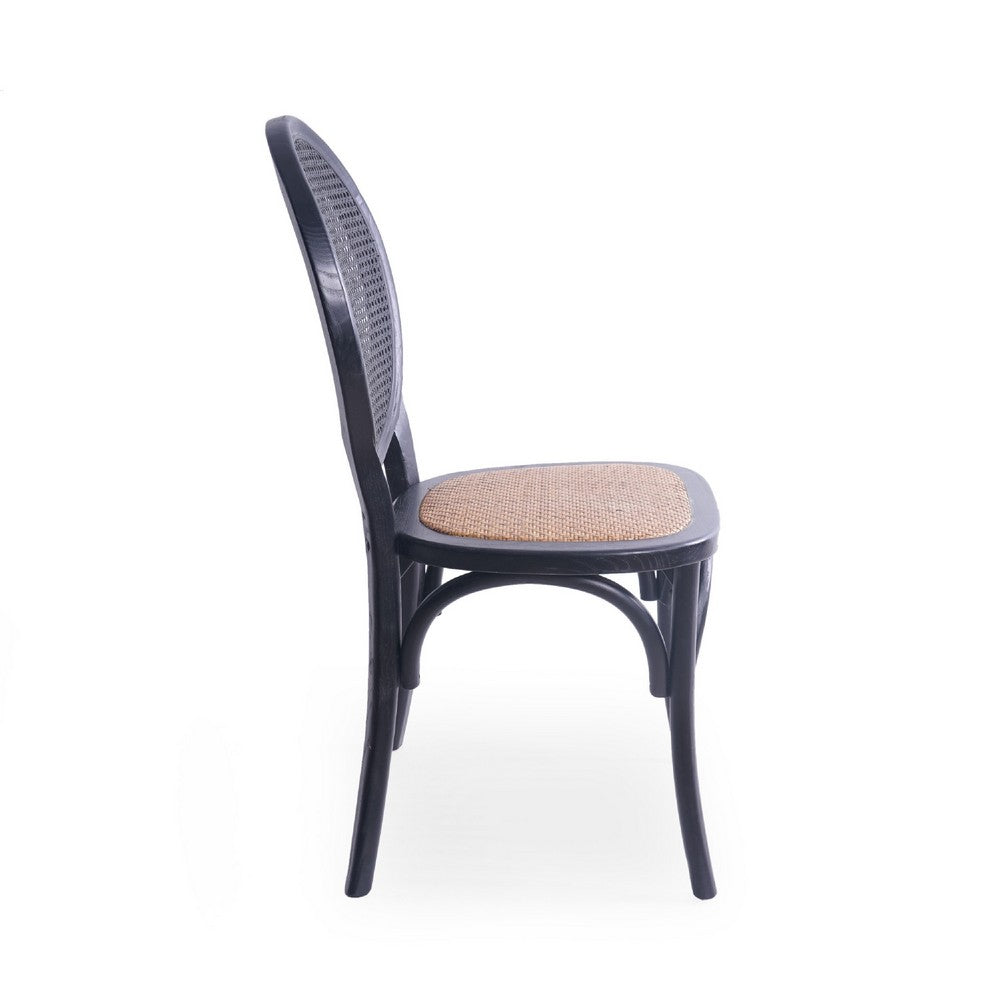 Benjara Dining Chair Set of 2, Matte Black Rattan Woven Back And Brown Seat