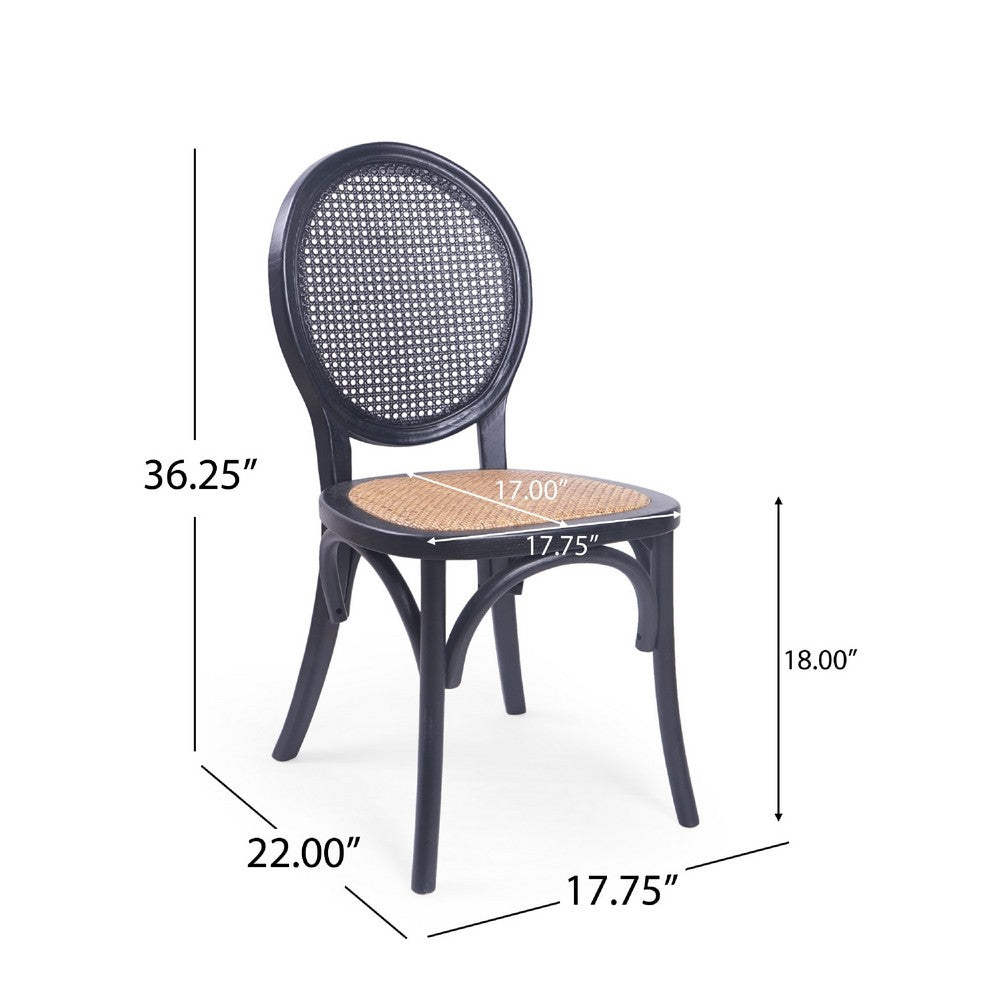 Benjara Dining Chair Set of 2, Matte Black Rattan Woven Back And Brown Seat