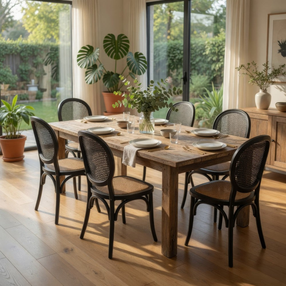 Benjara Dining Chair Set of 2, Matte Black Rattan Woven Back And Brown Seat