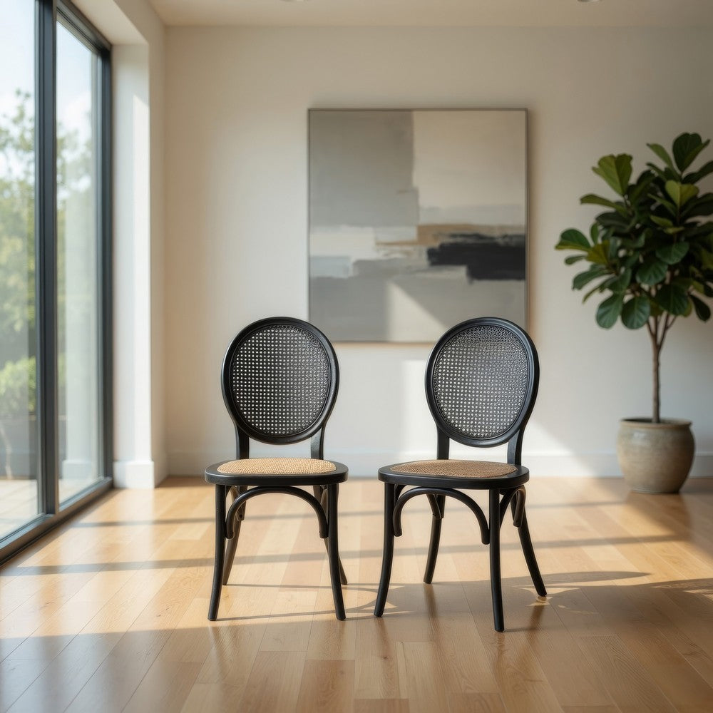 Benjara Dining Chair Set of 2, Matte Black Rattan Woven Back And Brown Seat