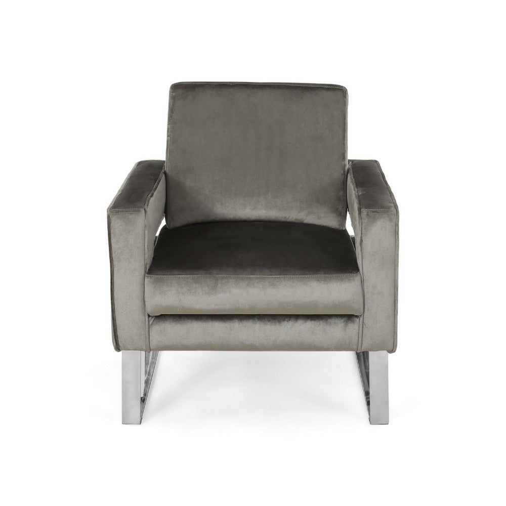 Benjara Club Armchair, Cutout Armrests, Chrome Steel And Modern Gray Velvet