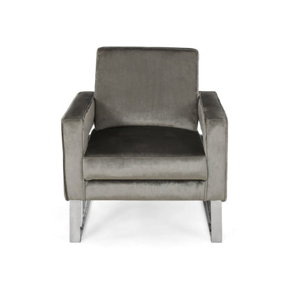 Benjara Club Armchair, Cutout Armrests, Chrome Steel And Modern Gray Velvet