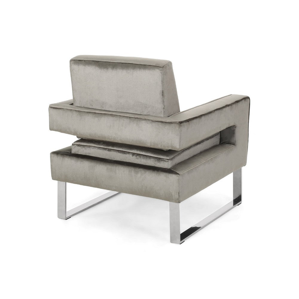 Benjara Club Armchair, Cutout Armrests, Chrome Steel And Modern Gray Velvet