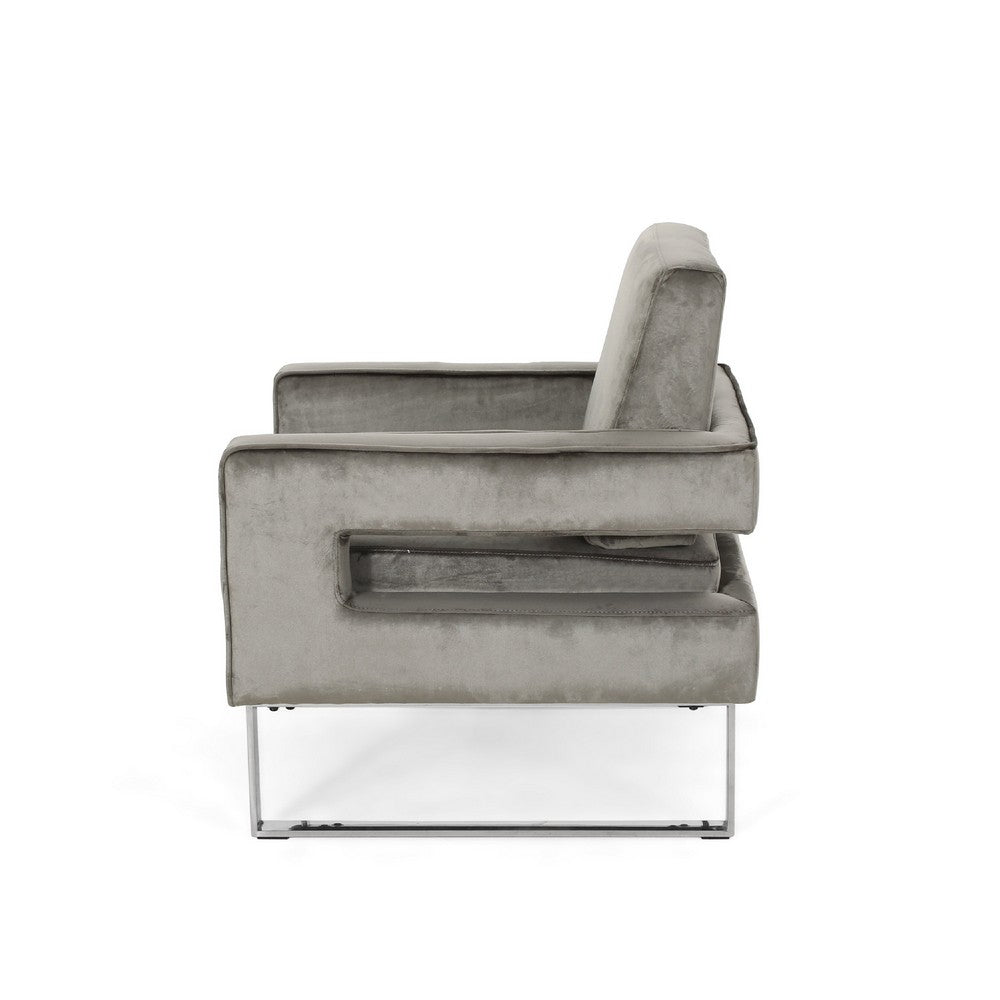Benjara Club Armchair, Cutout Armrests, Chrome Steel And Modern Gray Velvet