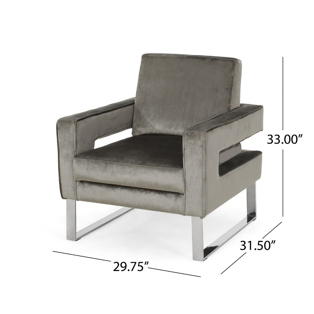 Benjara Club Armchair, Cutout Armrests, Chrome Steel And Modern Gray Velvet