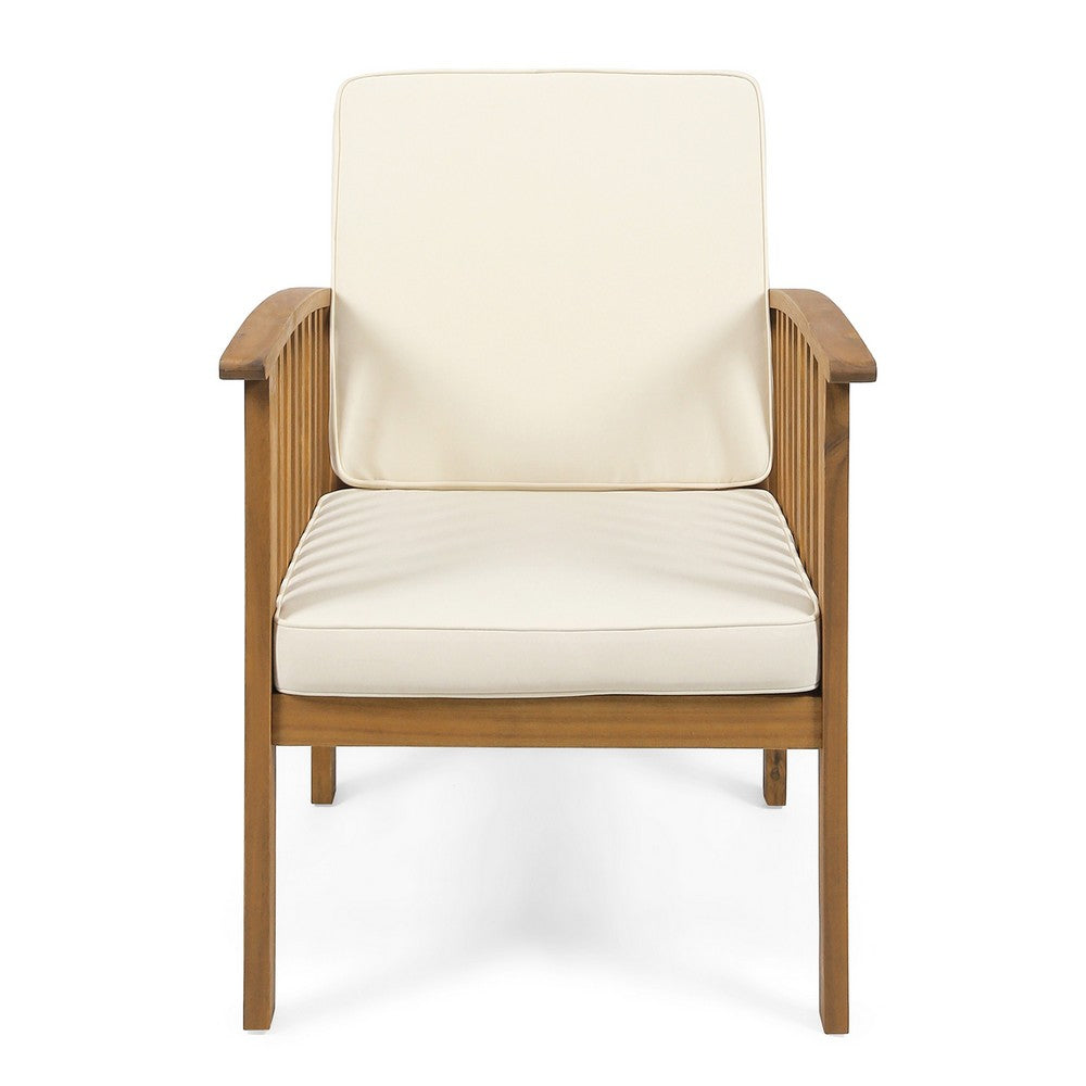 Benjara Gerry Outdoor Club Chairs Set of 2, Cream Fabric, Slatted Light Brown