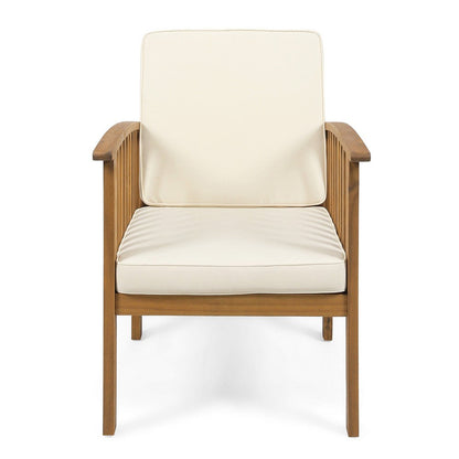 Benjara Gerry Outdoor Club Chairs Set of 2, Cream Fabric, Slatted Light Brown