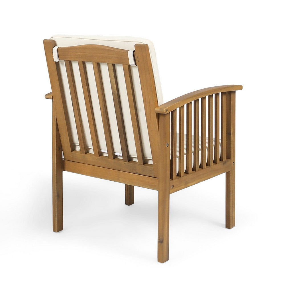 Benjara Gerry Outdoor Club Chairs Set of 2, Cream Fabric, Slatted Light Brown