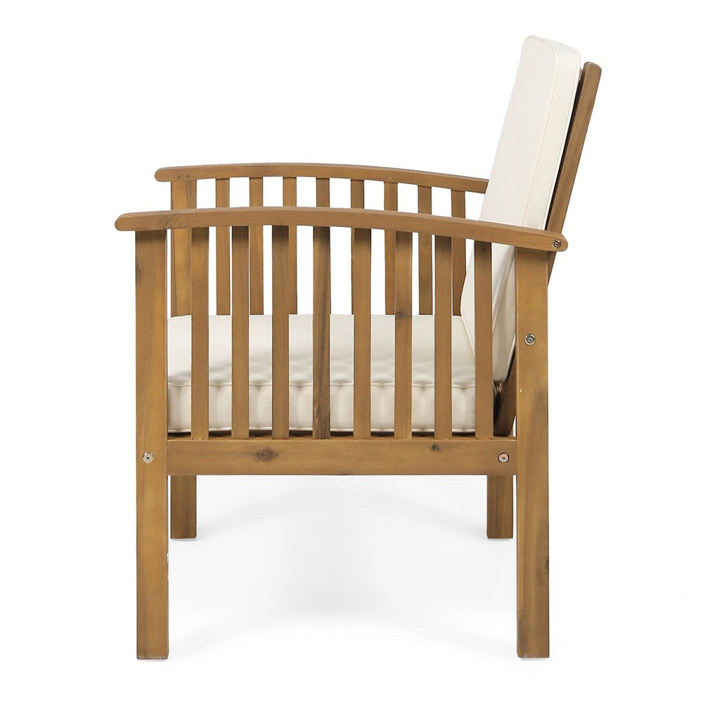 Benjara Gerry Outdoor Club Chairs Set of 2, Cream Fabric, Slatted Light Brown