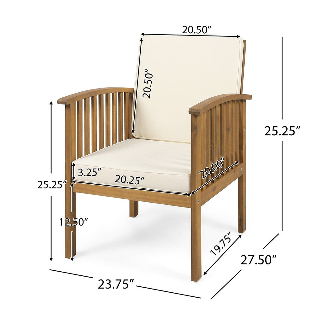 Benjara Gerry Outdoor Club Chairs Set of 2, Cream Fabric, Slatted Light Brown