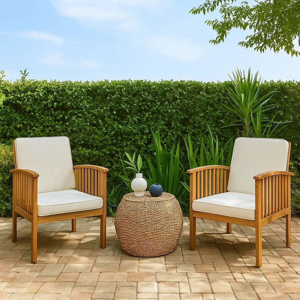 Benjara Gerry Outdoor Club Chairs Set of 2, Cream Fabric, Slatted Light Brown