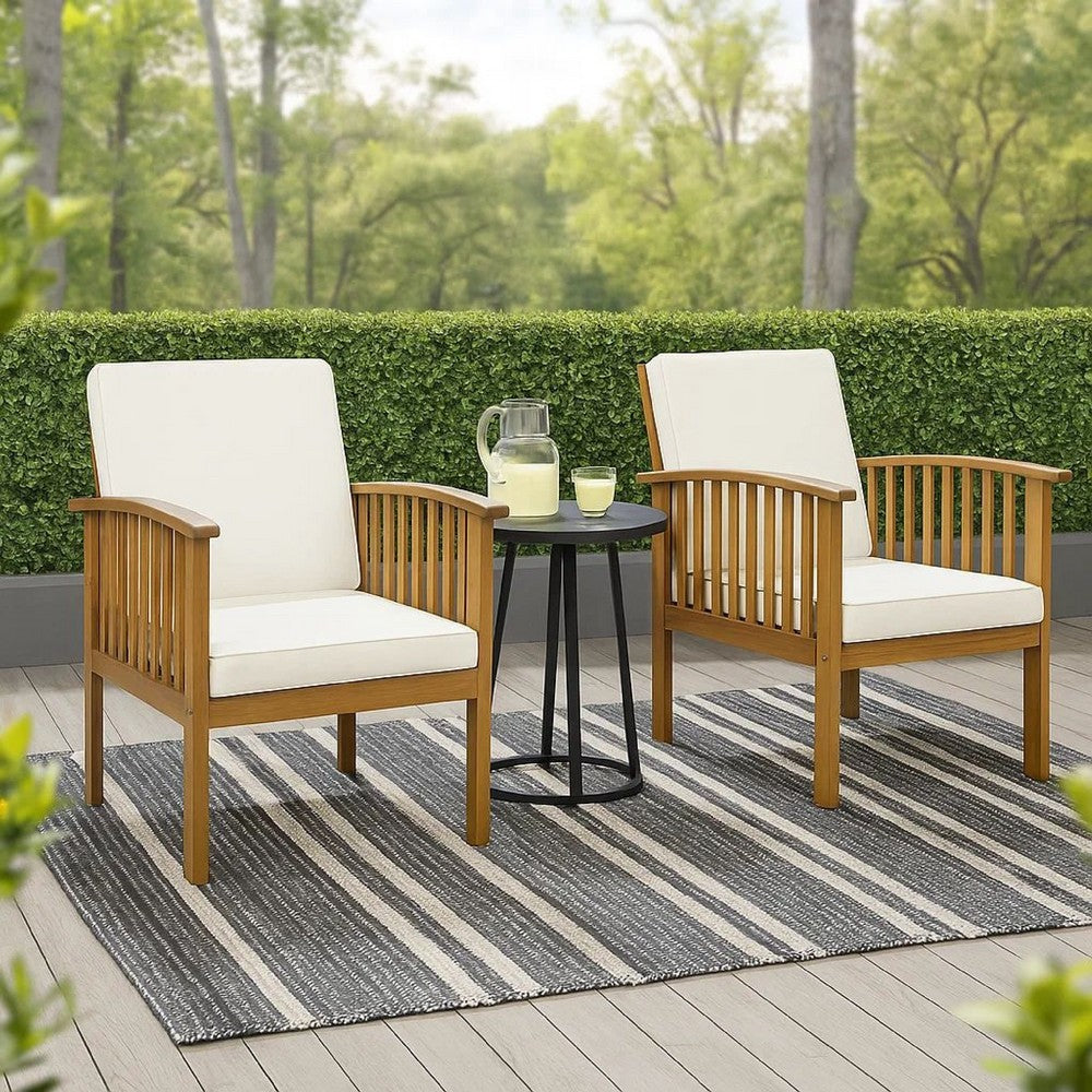 Benjara Gerry Outdoor Club Chairs Set of 2, Cream Fabric, Slatted Light Brown