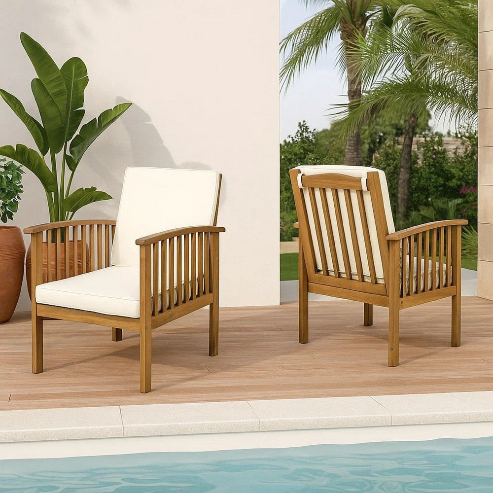 Benjara Gerry Outdoor Club Chairs Set of 2, Cream Fabric, Slatted Light Brown