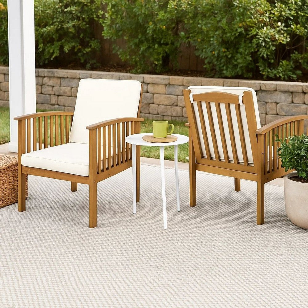Benjara Gerry Outdoor Club Chairs Set of 2, Cream Fabric, Slatted Light Brown