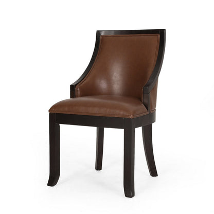Benjara Dining Chair Set of 2, Light Brown Faux Leather, Black Wood Frame