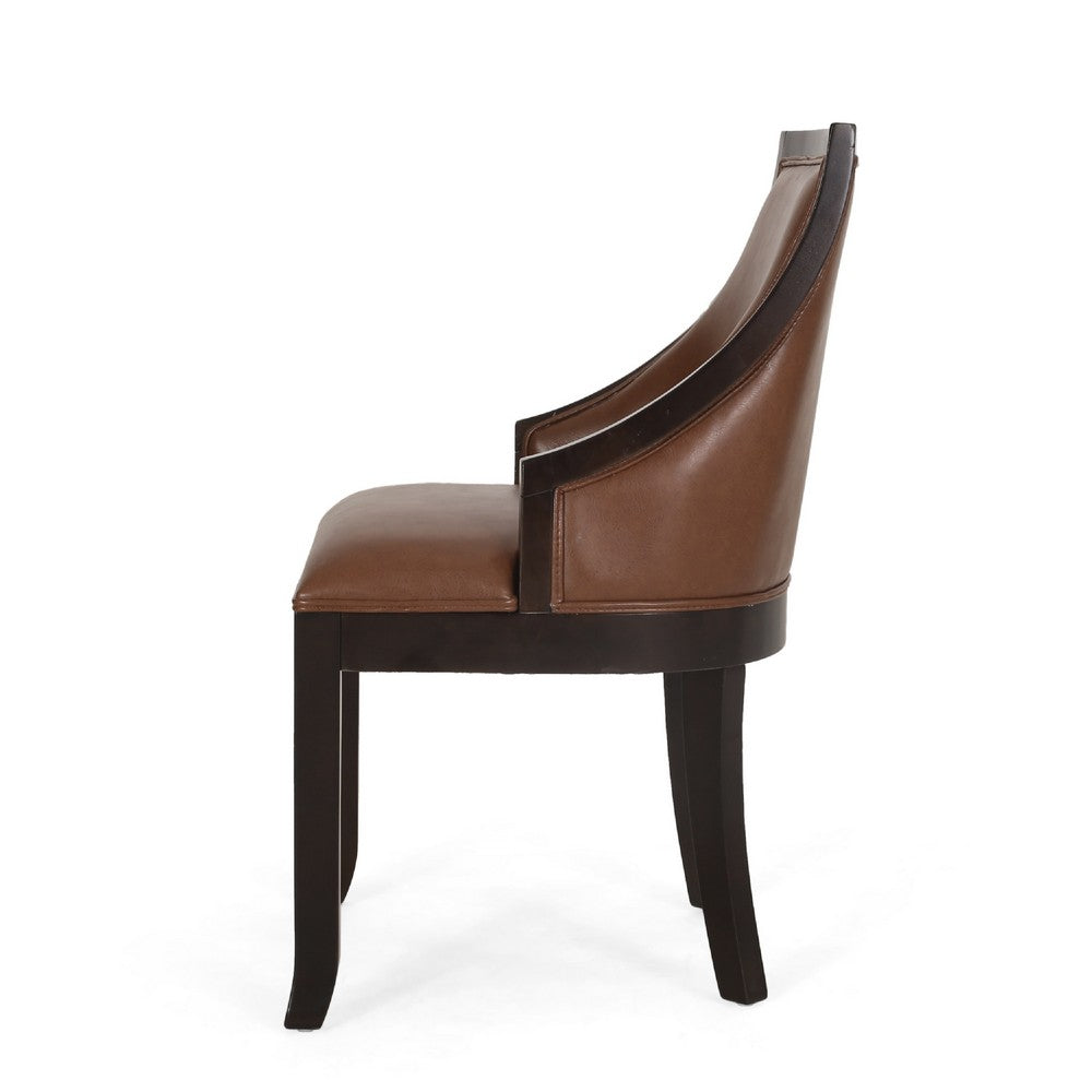 Benjara Dining Chair Set of 2, Light Brown Faux Leather, Black Wood Frame