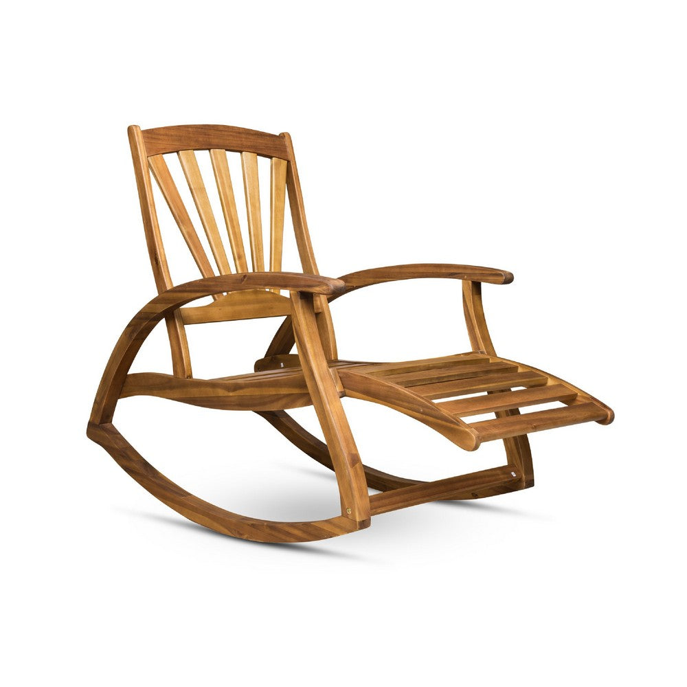 Benjara Rizz Outdoor Reclining Rocking Chair, Retractable Footrest, Brown Wood