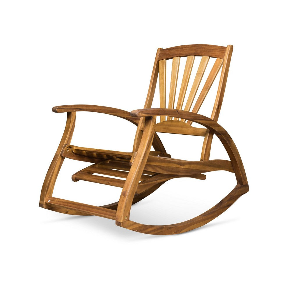 Benjara Rizz Outdoor Reclining Rocking Chair, Retractable Footrest, Brown Wood