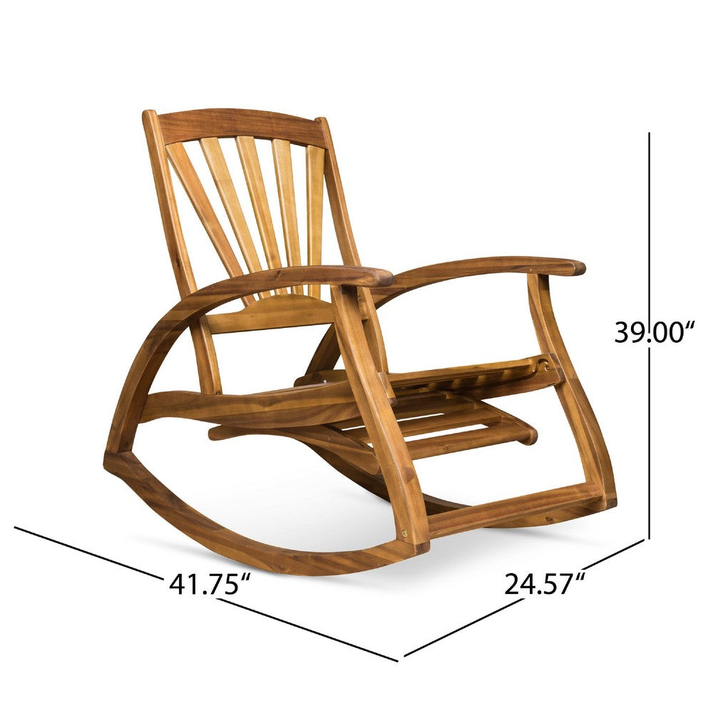 Benjara Rizz Outdoor Reclining Rocking Chair, Retractable Footrest, Brown Wood