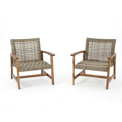 Benjara Bops Outdoor Accent Club Chair Set of 2, Brown Acacia Wood Gray Wicker