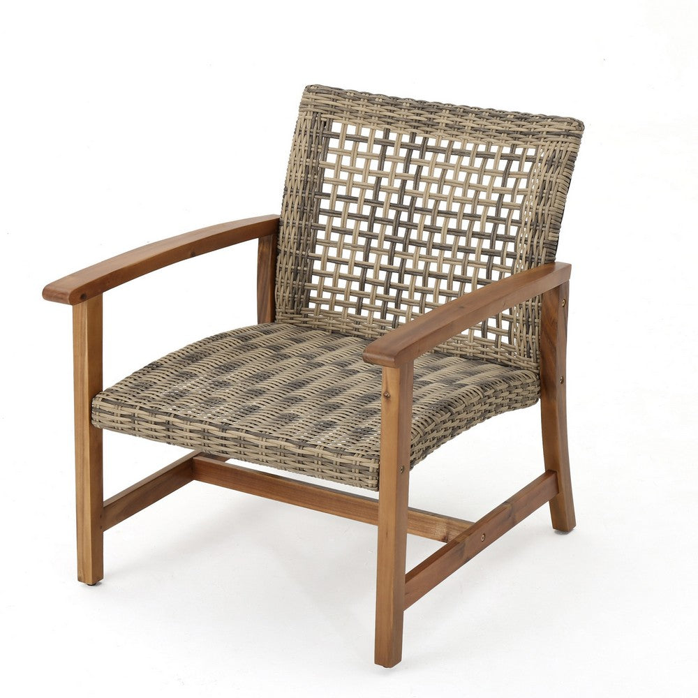 Benjara Bops Outdoor Accent Club Chair Set of 2, Brown Acacia Wood Gray Wicker