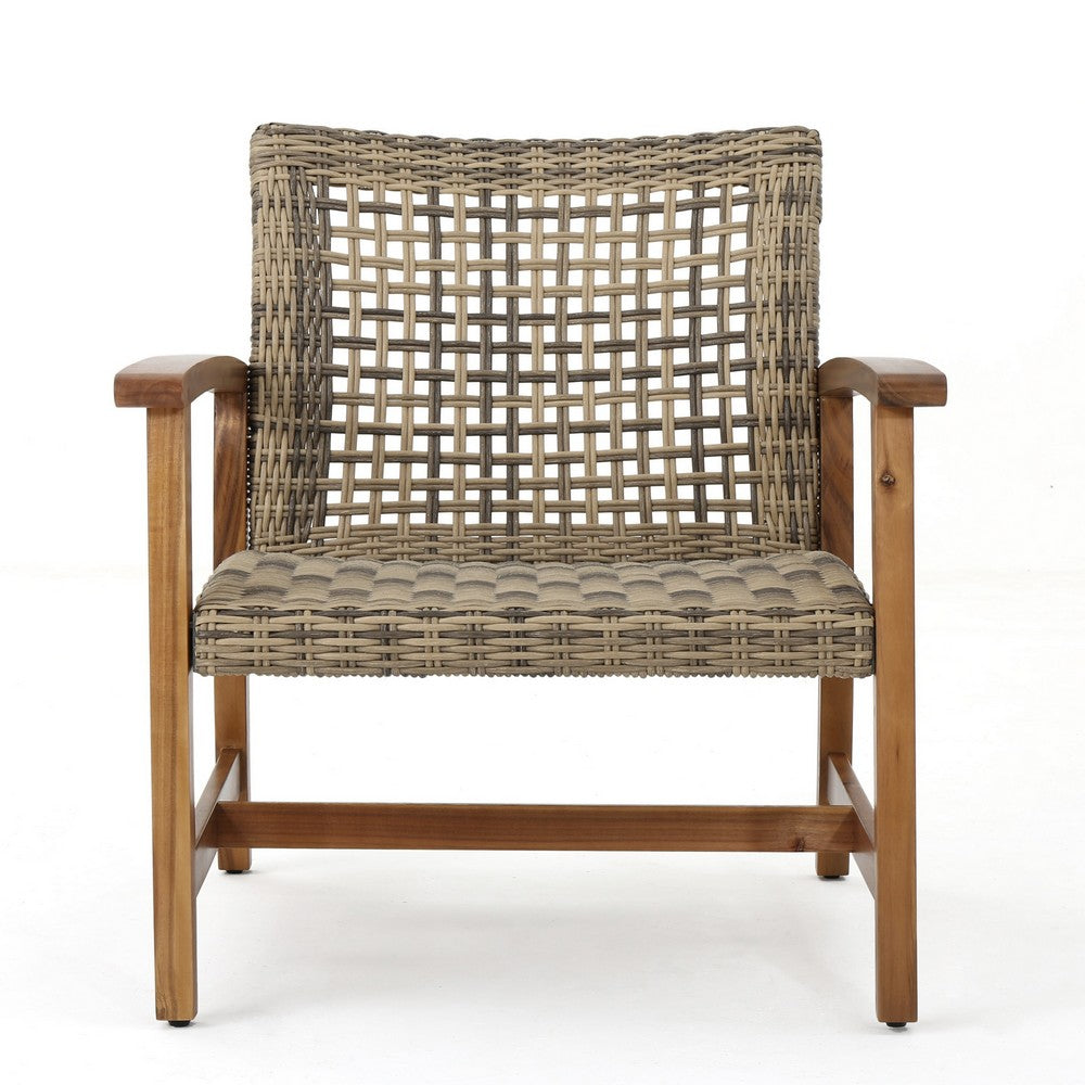 Benjara Bops Outdoor Accent Club Chair Set of 2, Brown Acacia Wood Gray Wicker