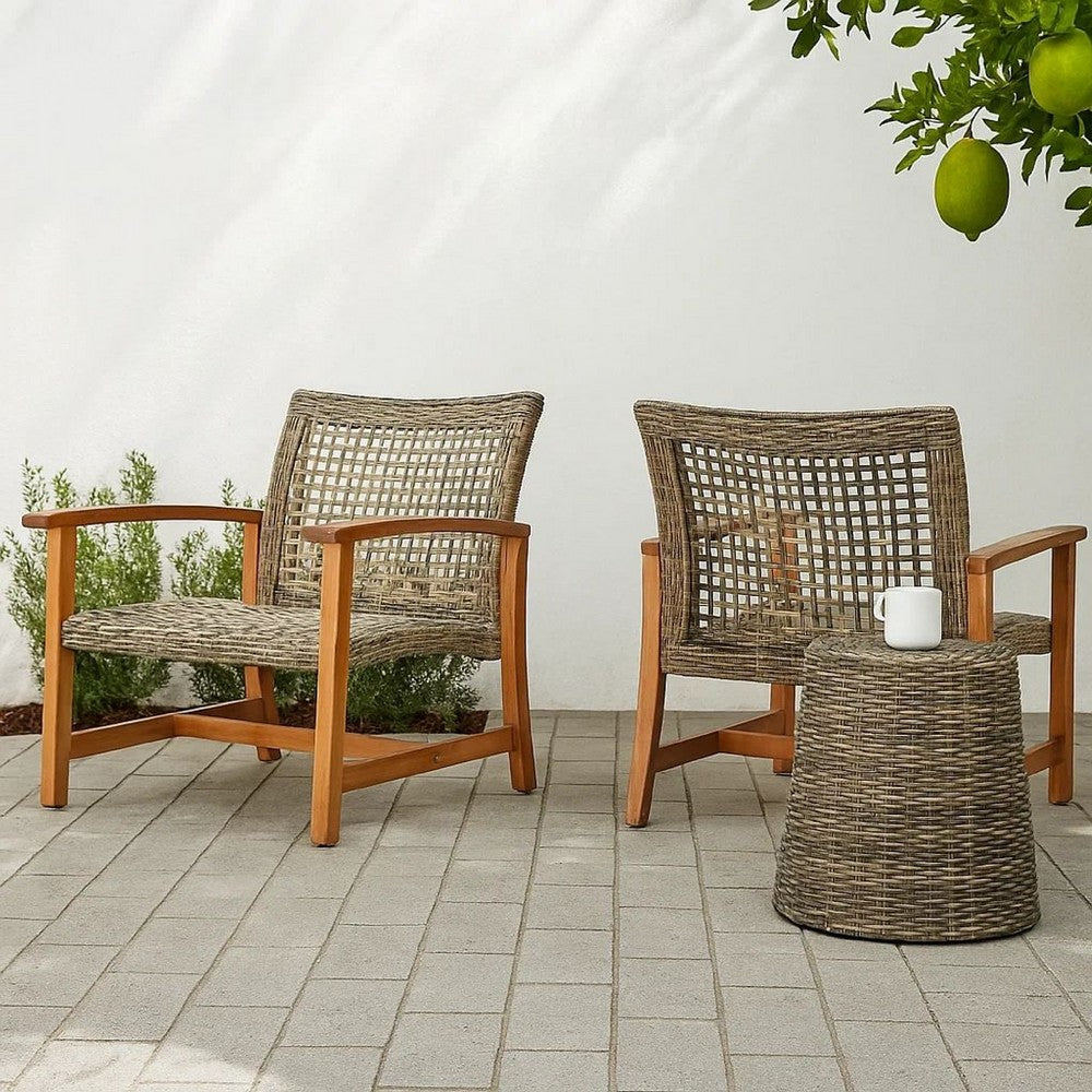 Benjara Bops Outdoor Accent Club Chair Set of 2, Brown Acacia Wood Gray Wicker