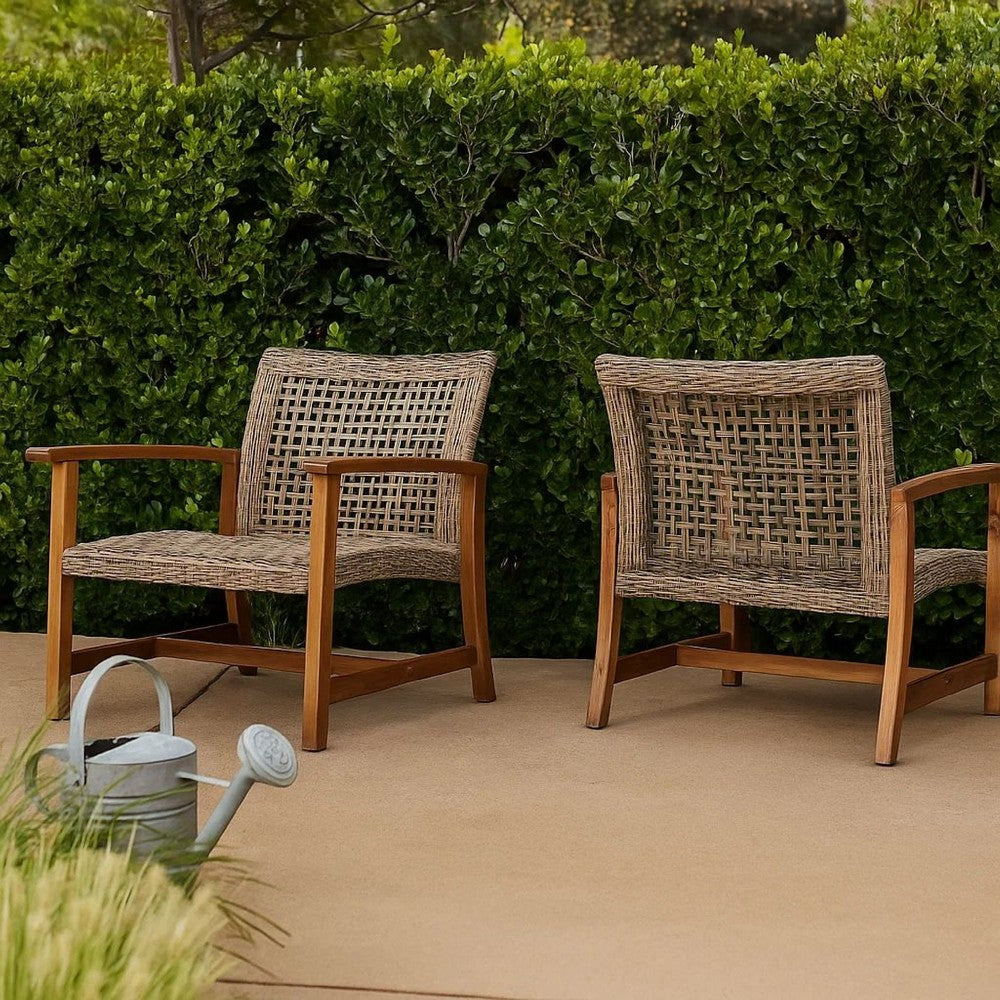 Benjara Bops Outdoor Accent Club Chair Set of 2, Brown Acacia Wood Gray Wicker