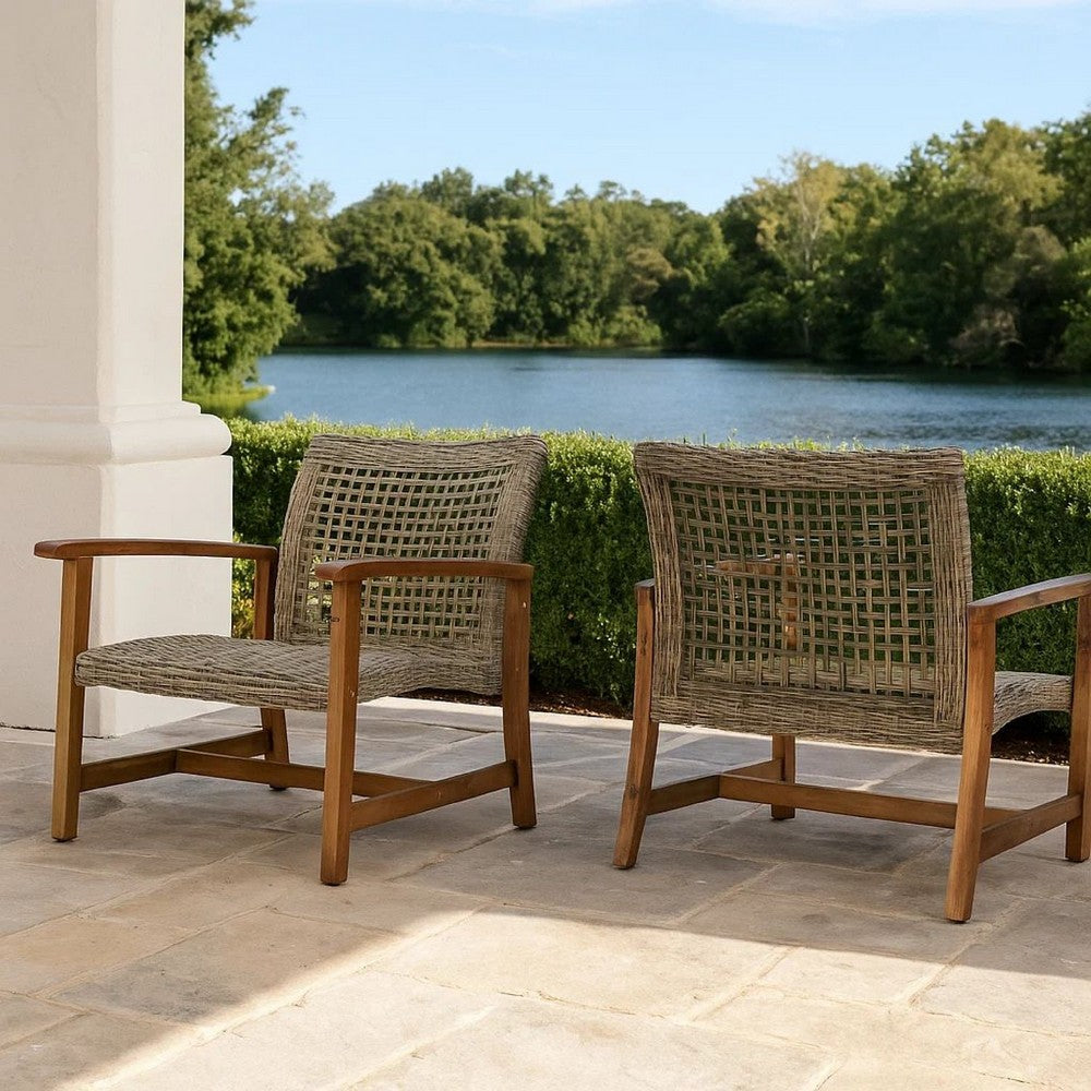 Benjara Bops Outdoor Accent Club Chair Set of 2, Brown Acacia Wood Gray Wicker