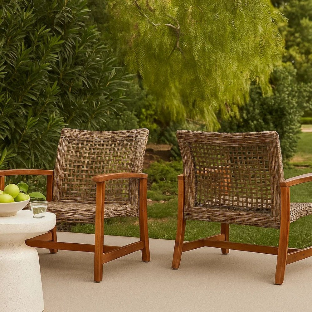 Benjara Bops Outdoor Accent Club Chair Set of 2, Brown Acacia Wood Gray Wicker