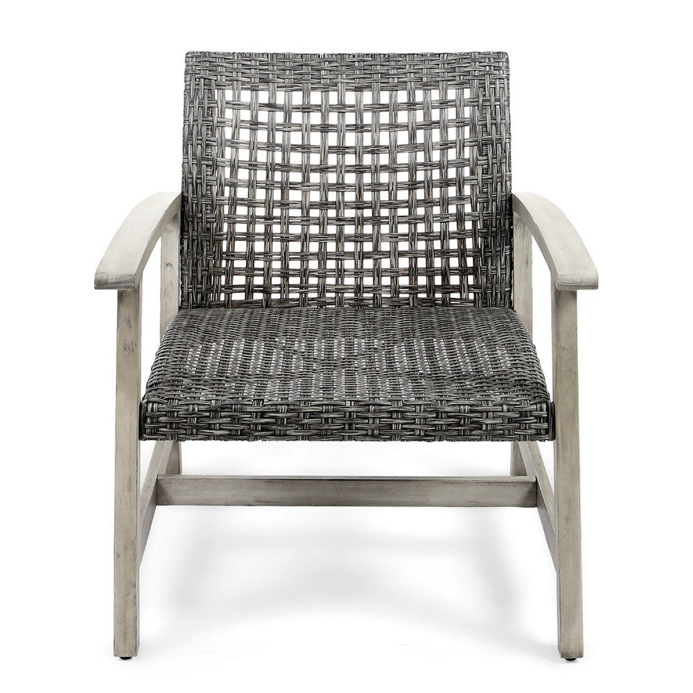 Benjara Bops Outdoor Club Chair Set of 2, Graywash Acacia Wood, Gray Wicker