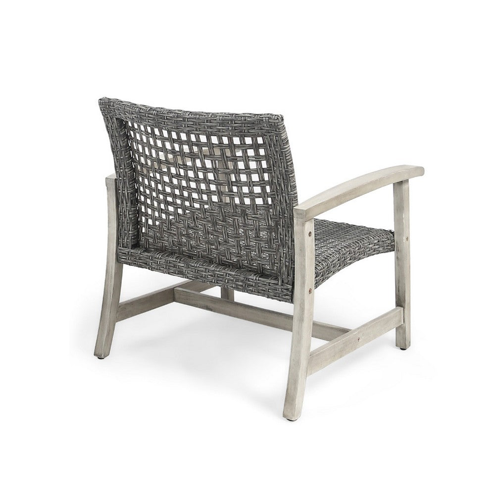 Benjara Bops Outdoor Club Chair Set of 2, Graywash Acacia Wood, Gray Wicker