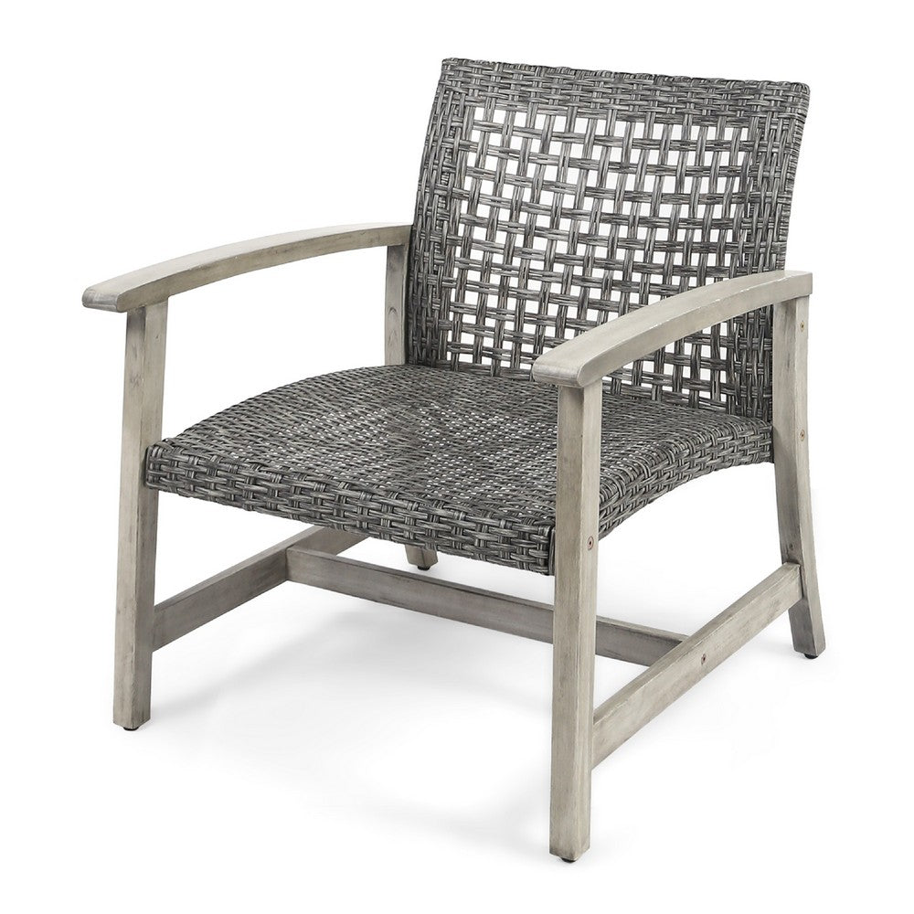 Benjara Bops Outdoor Club Chair Set of 2, Graywash Acacia Wood, Gray Wicker