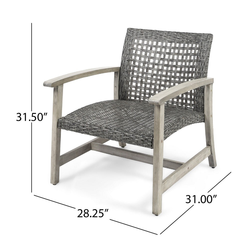 Benjara Bops Outdoor Club Chair Set of 2, Graywash Acacia Wood, Gray Wicker