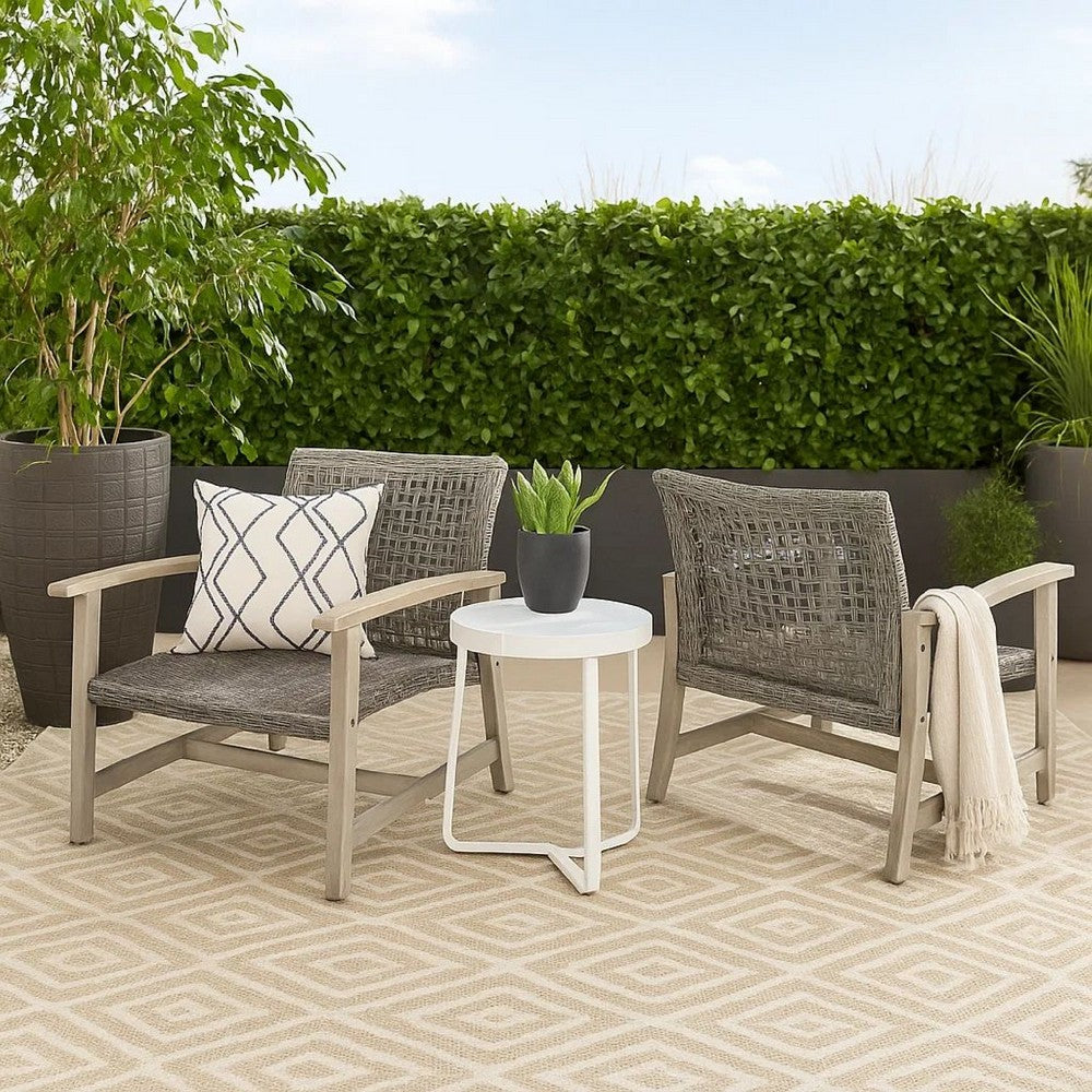 Benjara Bops Outdoor Club Chair Set of 2, Graywash Acacia Wood, Gray Wicker