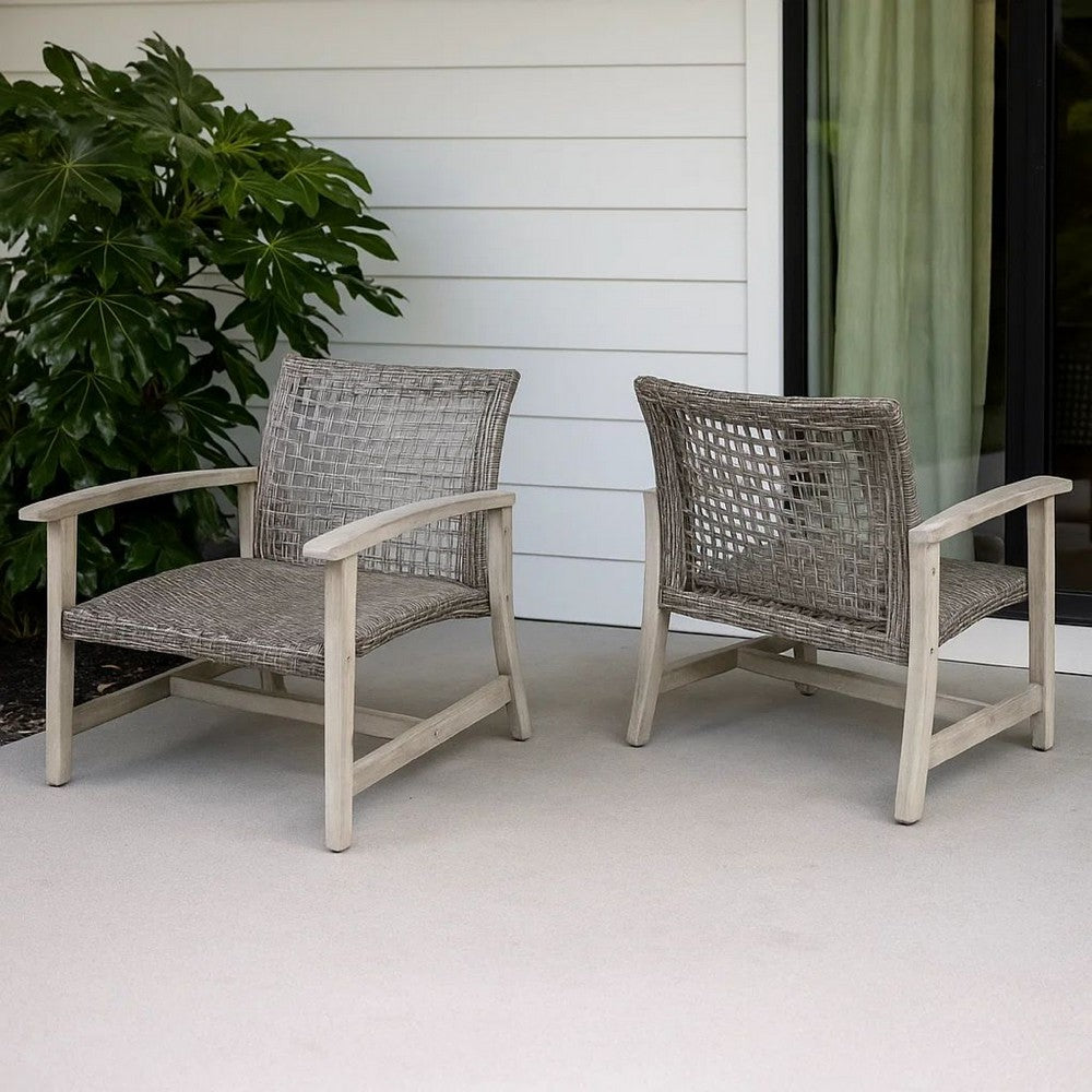 Benjara Bops Outdoor Club Chair Set of 2, Graywash Acacia Wood, Gray Wicker