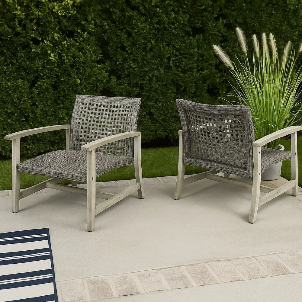 Benjara Bops Outdoor Club Chair Set of 2, Graywash Acacia Wood, Gray Wicker