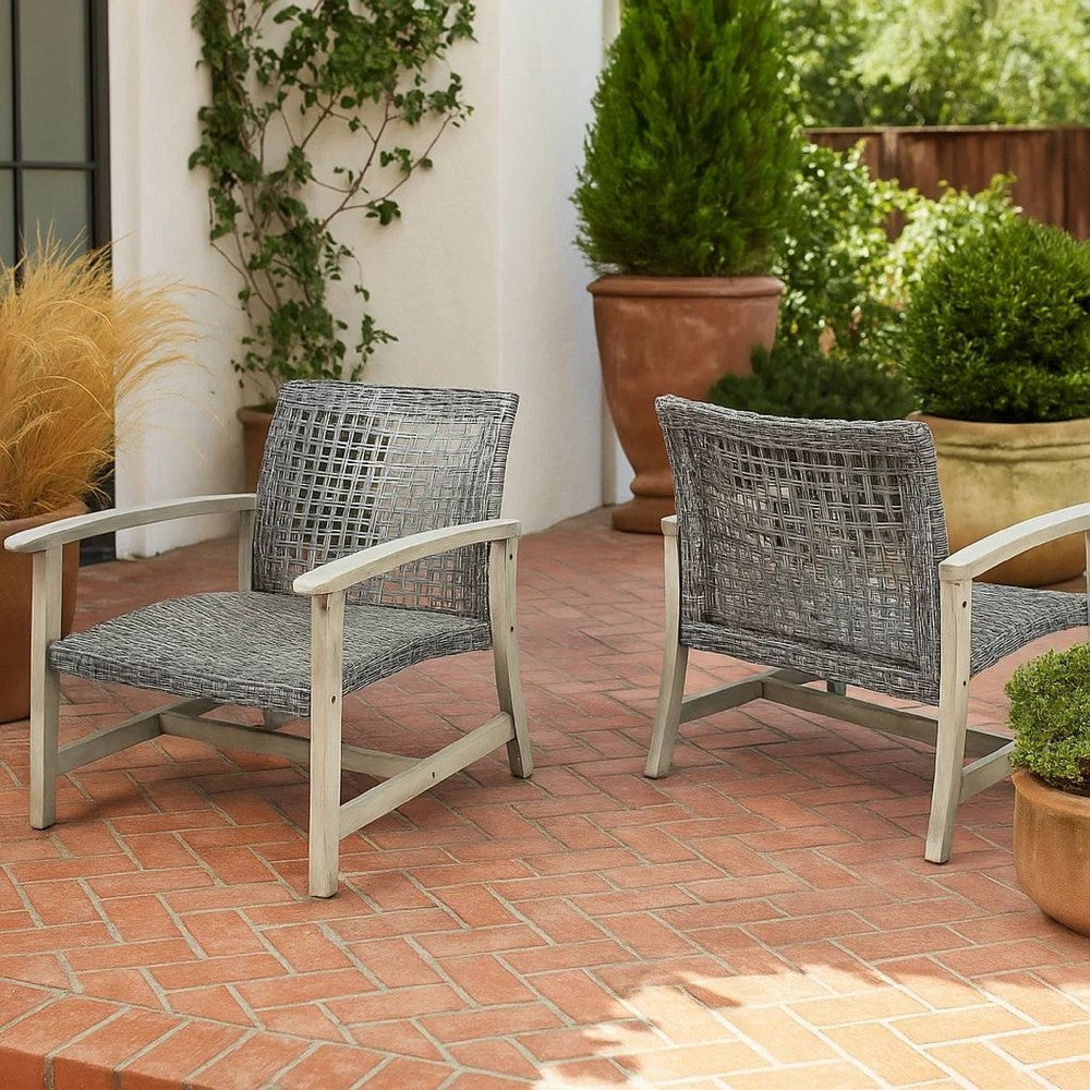 Benjara Bops Outdoor Club Chair Set of 2, Graywash Acacia Wood, Gray Wicker