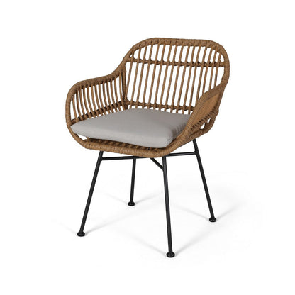 Benjara Tee Outdoor Accent Chair, Brown Rattan Seat And Back, Black Metal