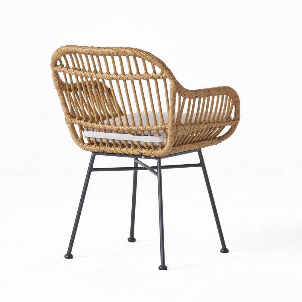 Benjara Tee Outdoor Accent Chair, Brown Rattan Seat And Back, Black Metal
