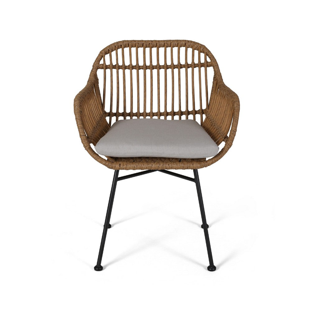 Benjara Tee Outdoor Accent Chair, Brown Rattan Seat And Back, Black Metal