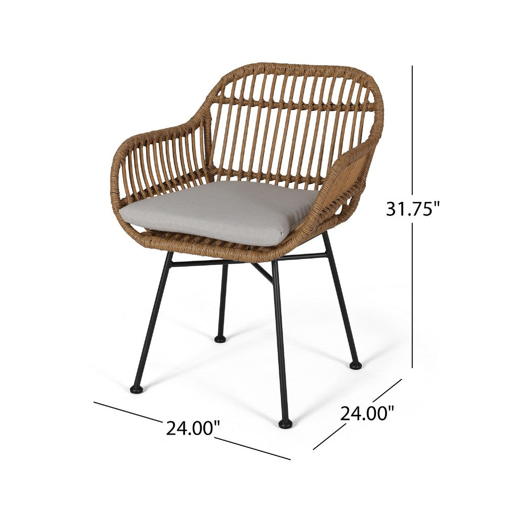 Benjara Tee Outdoor Accent Chair, Brown Rattan Seat And Back, Black Metal