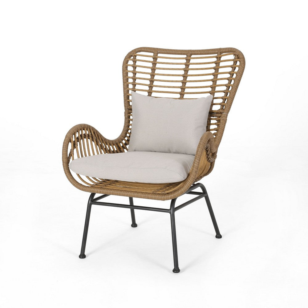 Benjara Margo Outdoor Accent Chair, Brown Woven Rattan, Beige, Black Metal