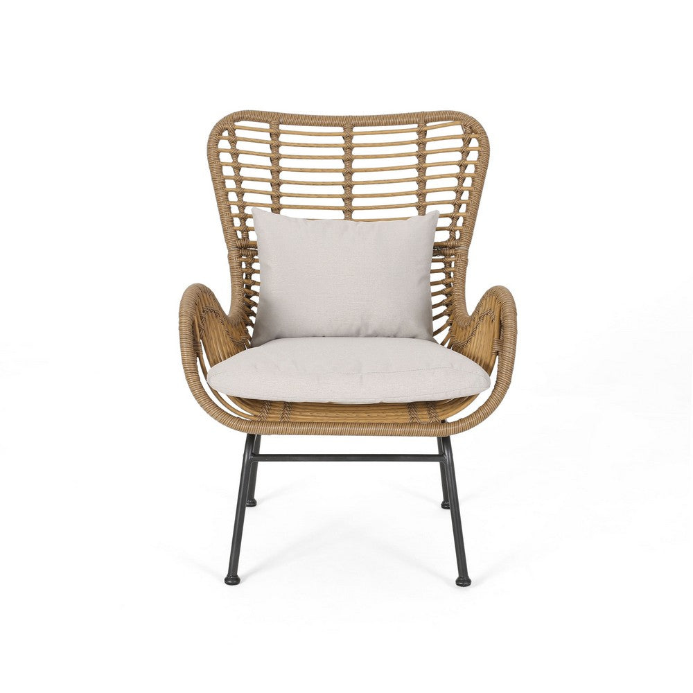 Benjara Margo Outdoor Accent Chair, Brown Woven Rattan, Beige, Black Metal